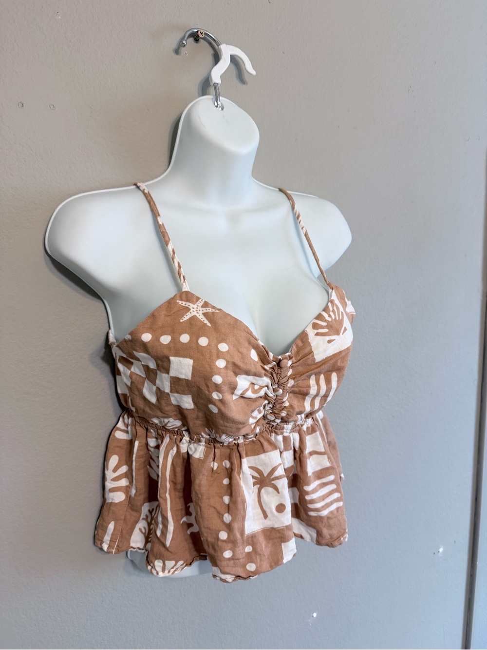 Ocean Drive Tan & White Smocked Peplum Cami